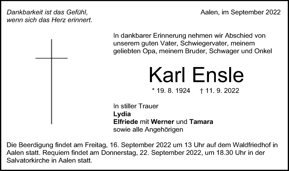  Traueranzeige für Karl Ensle vom 14.09.2022 aus Schwäbische Post