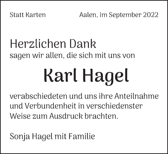 Traueranzeige von Karl Hagel von Schwäbische Post
