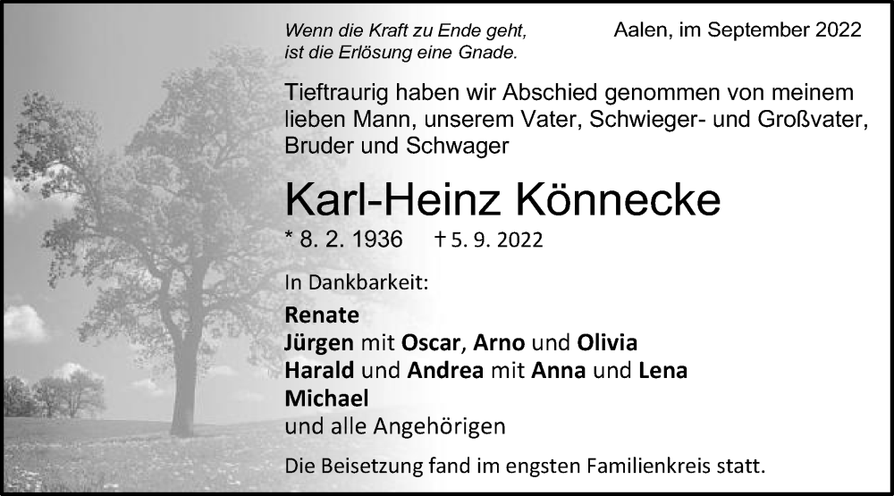  Traueranzeige für Karl-Heinz Könnecke vom 20.09.2022 aus Schwäbische Post