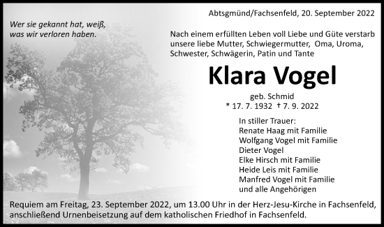 Traueranzeige von Klara Vogel von Schwäbische Post