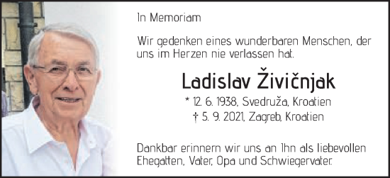 Traueranzeige von Ladislav Živicnjak von Schwäbische Post