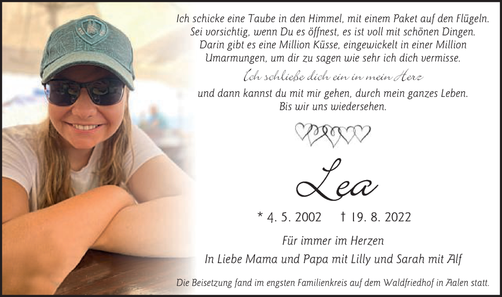  Traueranzeige für Lea  vom 10.09.2022 aus Schwäbische Post