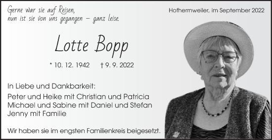 Traueranzeige von Lotte Bopp von Schwäbische Post