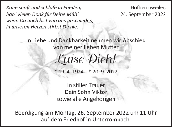 Traueranzeige von Luise Diehl von Schwäbische Post