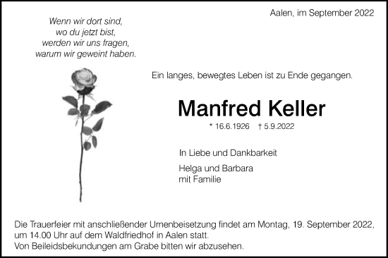 Traueranzeige von Manfred Keller von Schwäbische Post