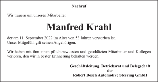 Traueranzeige von Manfred Krahl von Gmünder Tagespost