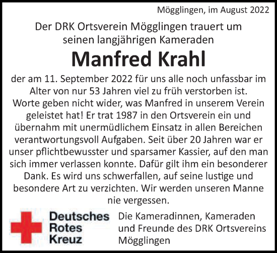 Traueranzeige von Manfred Krahl von Gmünder Tagespost