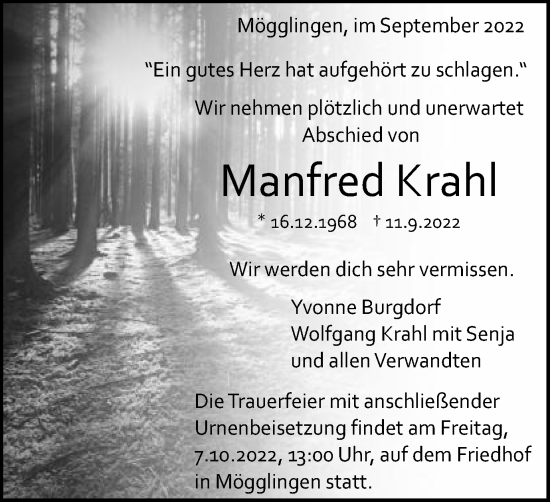 Traueranzeige von Manfred Krahl von Gmünder Tagespost