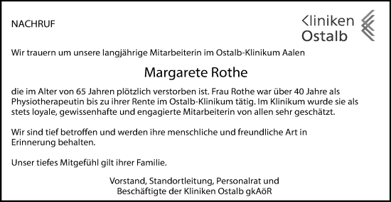 Traueranzeige von Margarete Rothe von Schwäbische Post