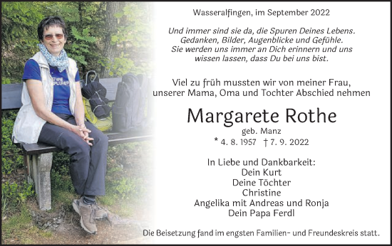 Traueranzeige von Margarete Rothe von Schwäbische Post