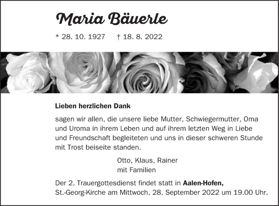 Traueranzeige von Maria Bäuerle von Schwäbische Post