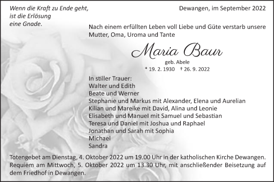Traueranzeige von Maria Baur von Schwäbische Post