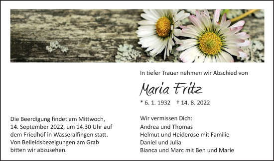 Traueranzeige von Maria Fritz von Schwäbische Post