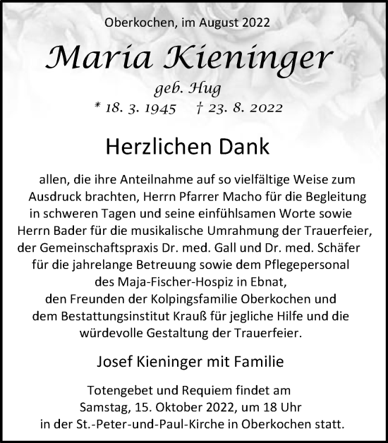 Traueranzeige von Maria Kieninger von Amtsblatt_Oko