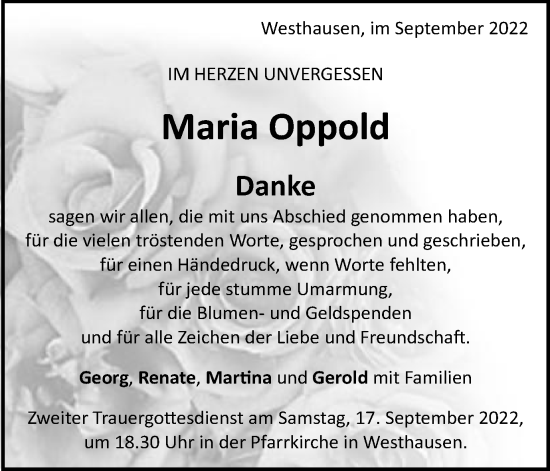 Traueranzeige von Maria Oppold von Schwäbische Post