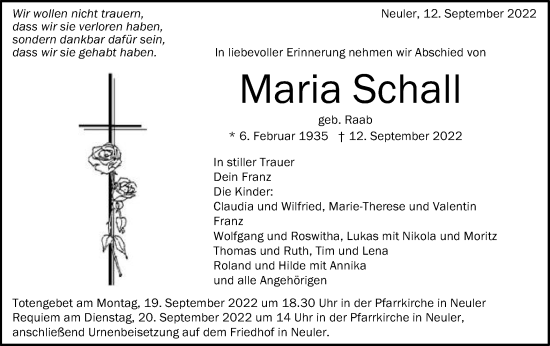 Traueranzeige von Maria Schall von Schwäbische Post