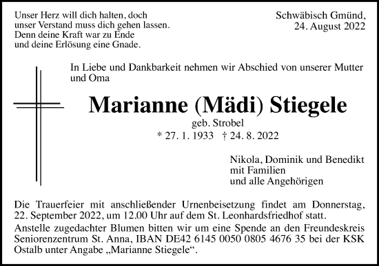 Traueranzeige von Marianne Stiegele von Gmünder Tagespost