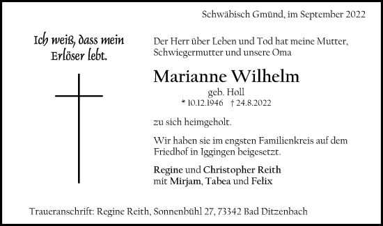 Traueranzeige von Marianne Wilhelm von Gmünder Tagespost