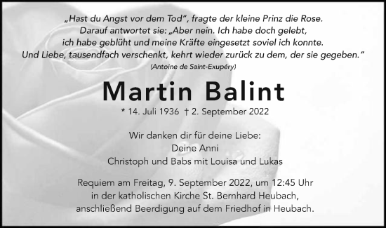 Traueranzeige von Martin Balint von Gmünder Tagespost