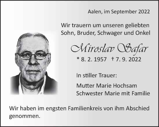 Traueranzeige von Miroslav Safar von Schwäbische Post