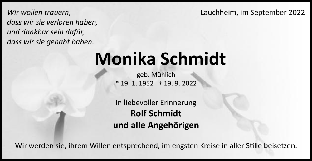  Traueranzeige für Monika Schmidt vom 24.09.2022 aus Schwäbische Post