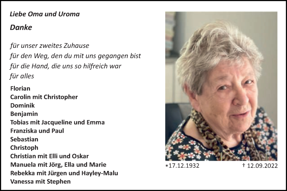  Traueranzeige für Oma  vom 21.09.2022 aus Schwäbische Post