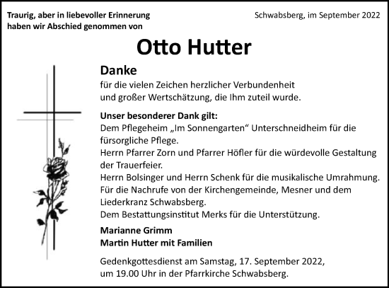 Traueranzeige von Otto Hutter von Schwäbische Post