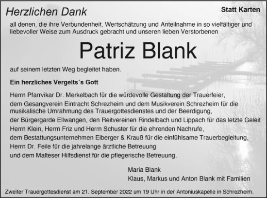 Traueranzeige von Patriz Blank von Schwäbische Post