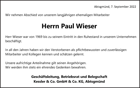 Traueranzeige von Paul Wieser von Schwäbische Post