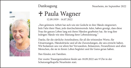 Traueranzeige von Paula Wagner von Schwäbische Post