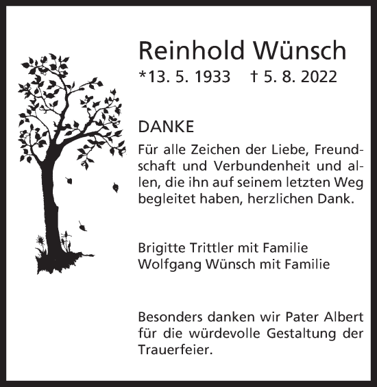 Traueranzeige von Reinhold Wünsch von Amtsblatt_Oko
