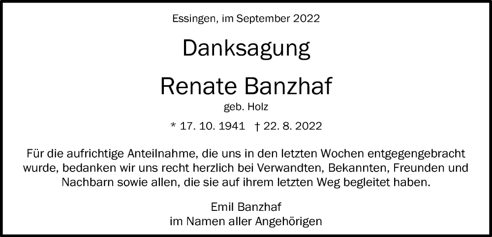  Traueranzeige für Renate Banzhaf vom 10.09.2022 aus Schwäbische Post