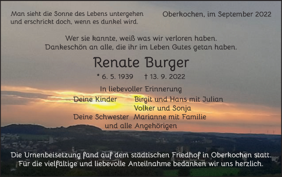 Traueranzeige von Renate Burger von Schwäbische Post