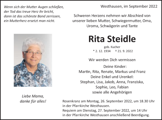 Traueranzeige von Rita Steidle von Schwäbische Post