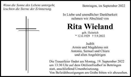 Traueranzeige von Rita Wieland von Gmünder Tagespost
