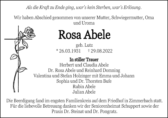 Traueranzeige von Rosa Abele von Gmünder Tagespost