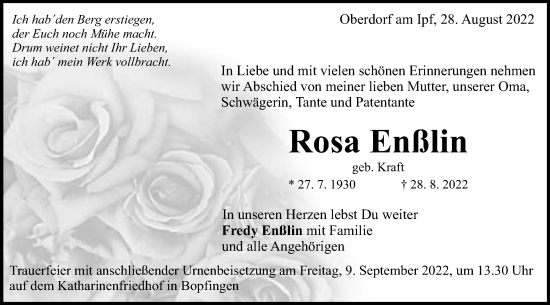 Traueranzeige von Rosa Enßlin von Schwäbische Post