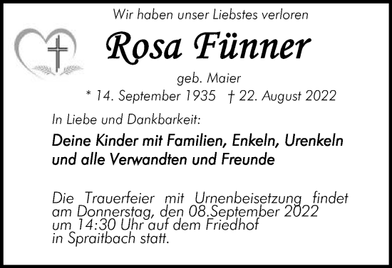 Traueranzeige von Rosa Fünner von Gmünder Tagespost