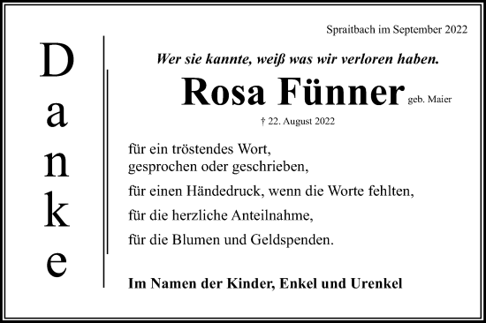 Traueranzeige von Rosa Fünner von Gmünder Tagespost