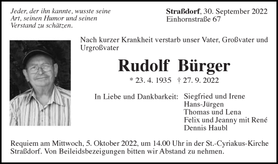 Traueranzeige von Rudolf Bürger
