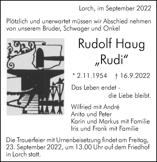 Traueranzeige von Rudolf Haug von Gmünder Tagespost