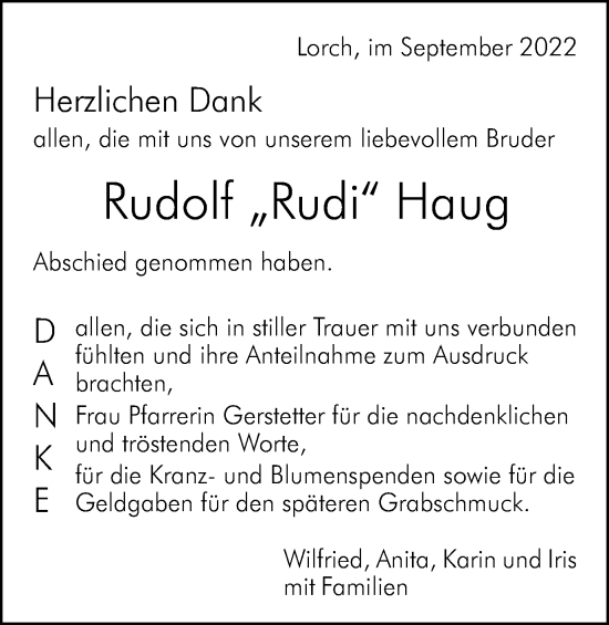 Traueranzeige von Rudolf Haug von Gmünder Tagespost