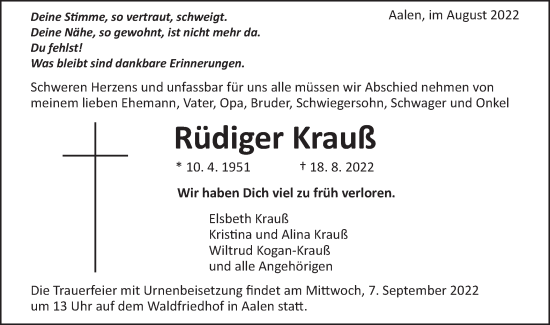 Traueranzeige von Rüdiger Krauß von Schwäbische Post