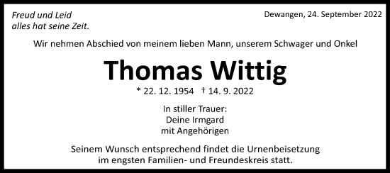 Traueranzeige von Thomas Wittig von Schwäbische Post
