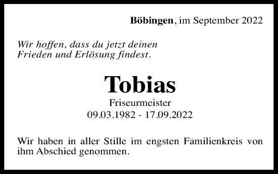 Traueranzeige von Tobias 