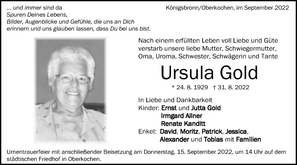  Traueranzeige für Ursula Gold vom 12.09.2022 aus Schwäbische Post