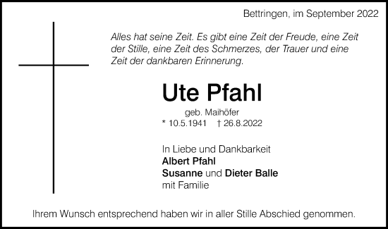 Traueranzeige von Ute Pfahl von Gmünder Tagespost