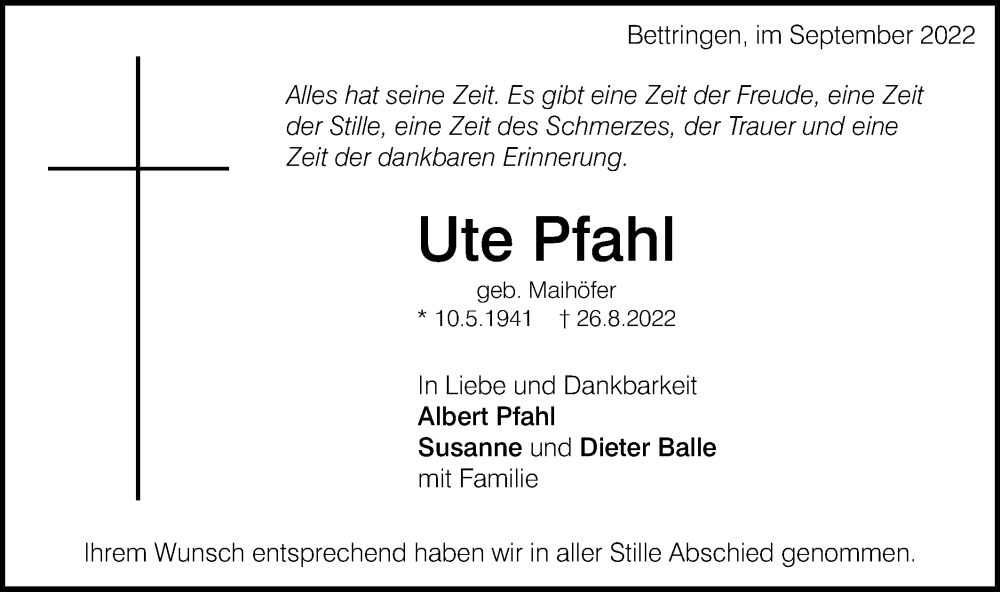  Traueranzeige für Ute Pfahl vom 10.09.2022 aus Gmünder Tagespost