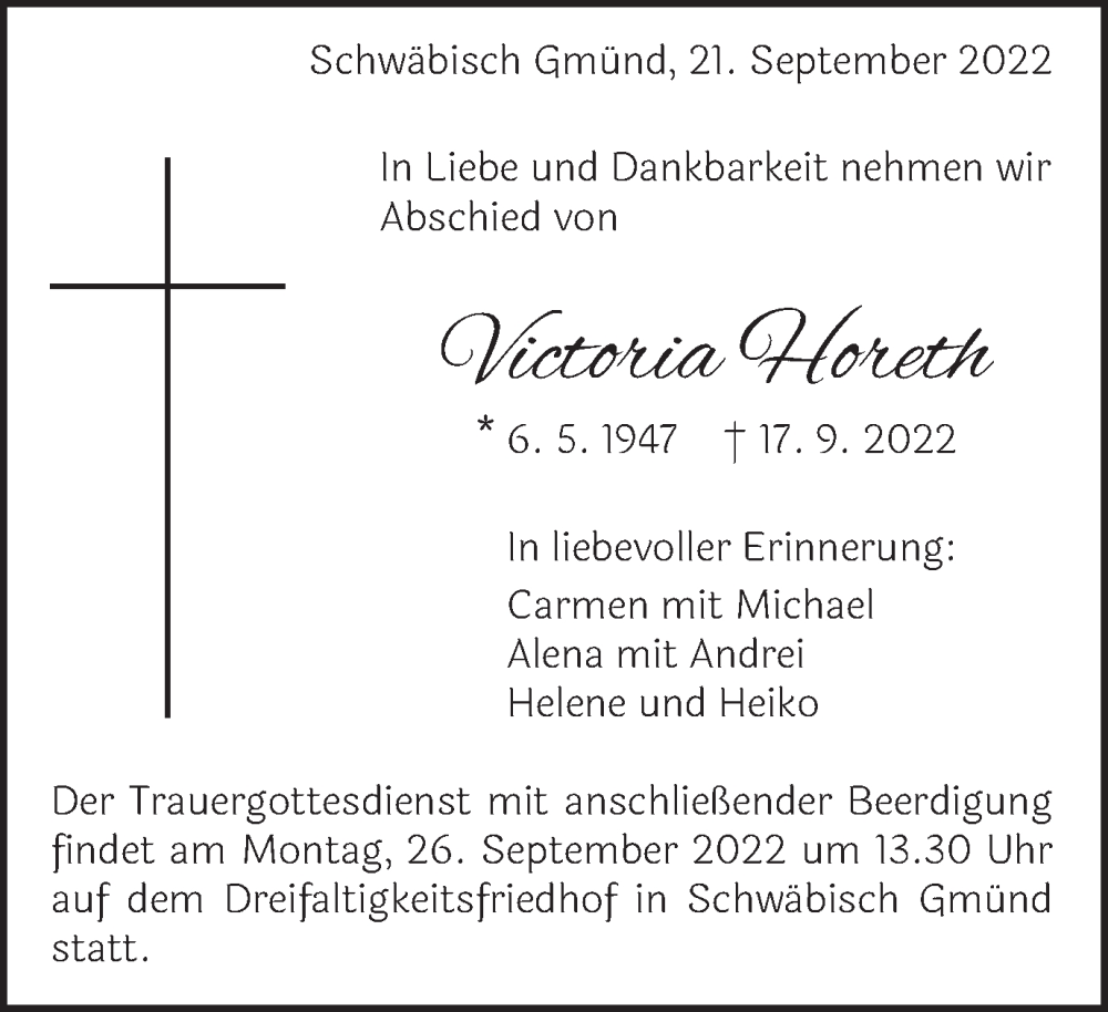  Traueranzeige für Victoria Horeth vom 21.09.2022 aus Gmünder Tagespost