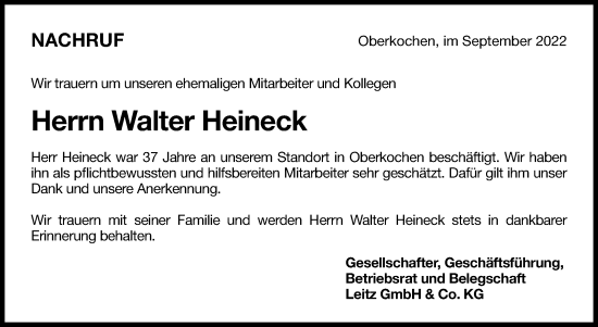Traueranzeige von Walter Heineck von Schwäbische Post